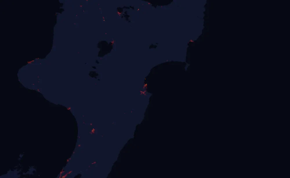 NASA satellite night-lights map of Hawke's Bay with every place marked