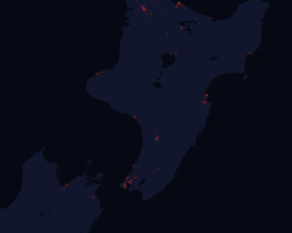 NASA satellite night-lights map of Manawatū-Whanganui with every place marked