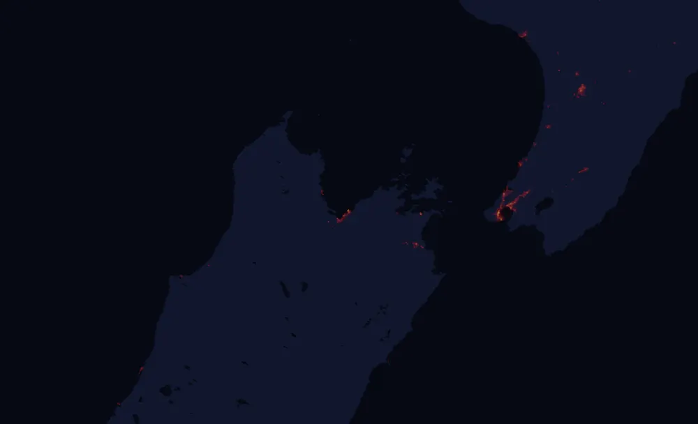NASA satellite night-lights map of Nelson with every place marked