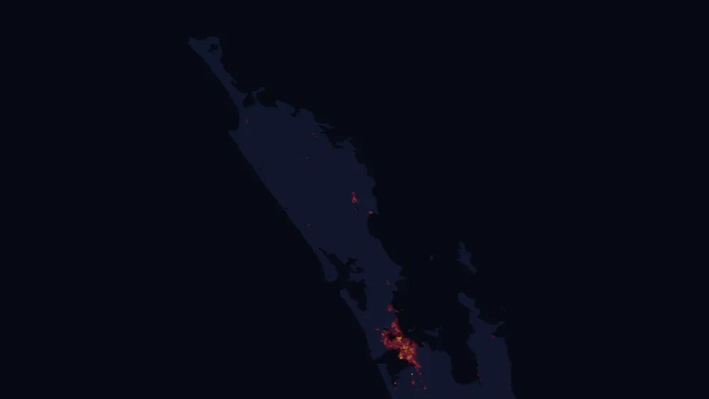 NASA satellite night-lights map of Northland with every place marked