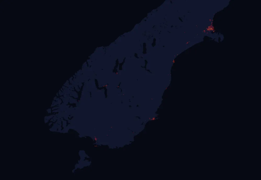 NASA satellite night-lights map of Otago with every place marked