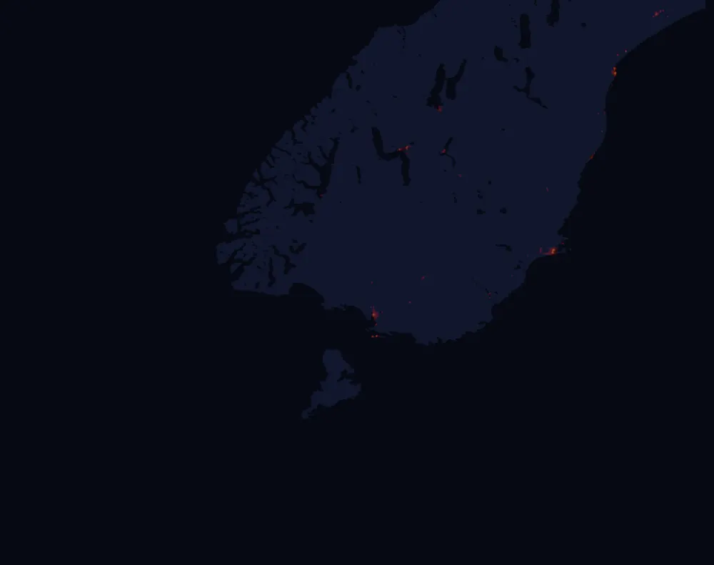 NASA satellite night-lights map of Southland with every place marked