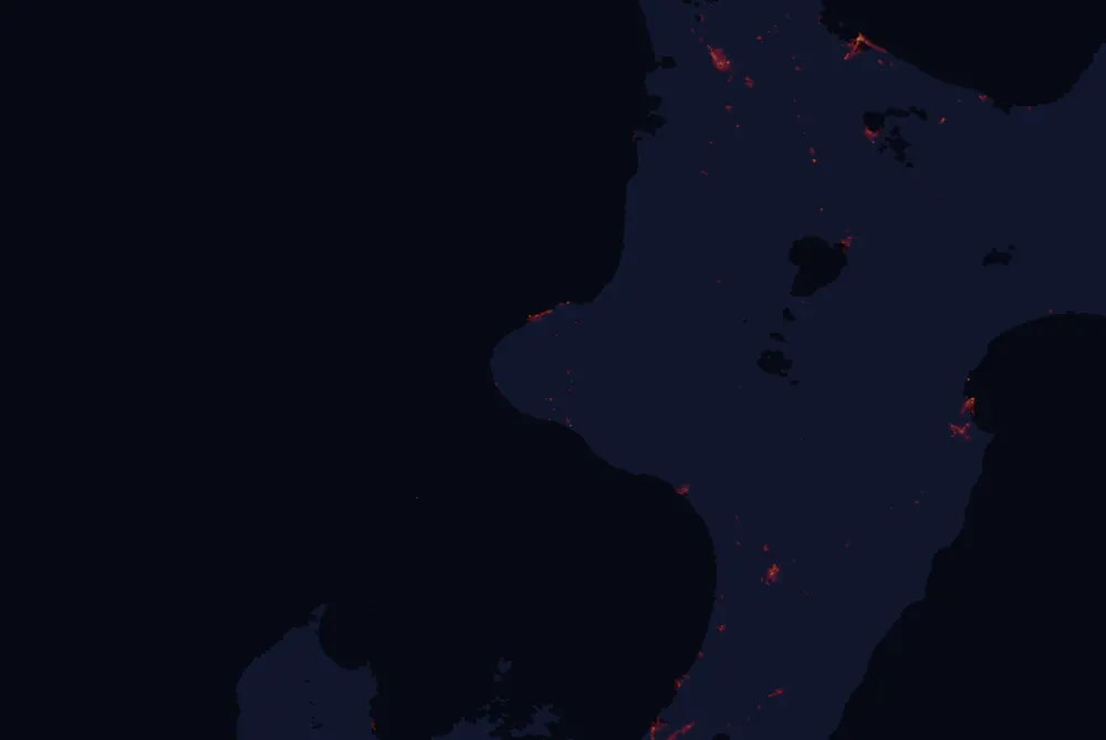 NASA satellite night-lights map of Taranaki with every place marked
