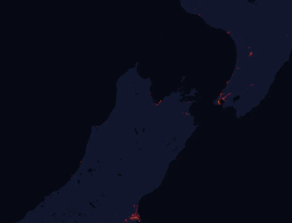 NASA satellite night-lights map of Tasman with every place marked