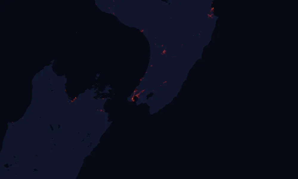NASA satellite night-lights map of Wellington with every place marked