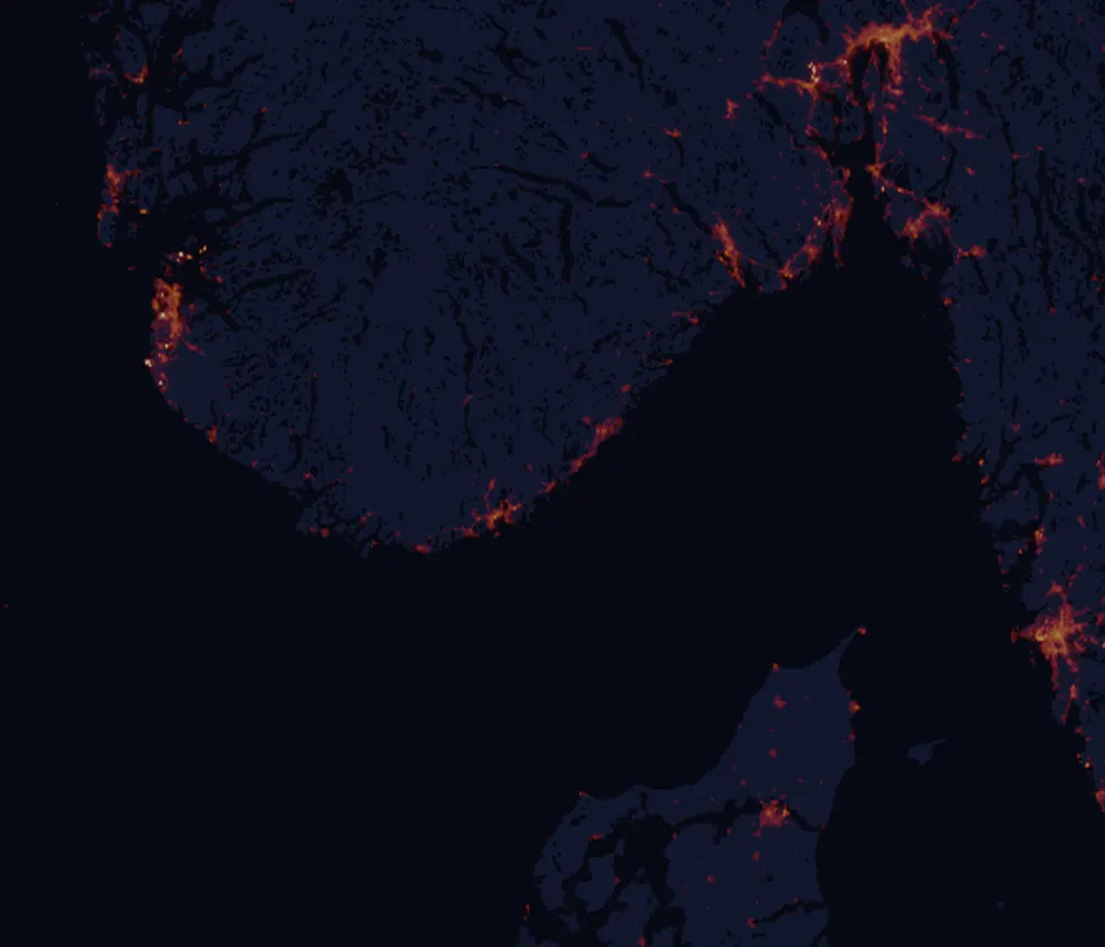 NASA satellite night-lights map of Agder with every place marked