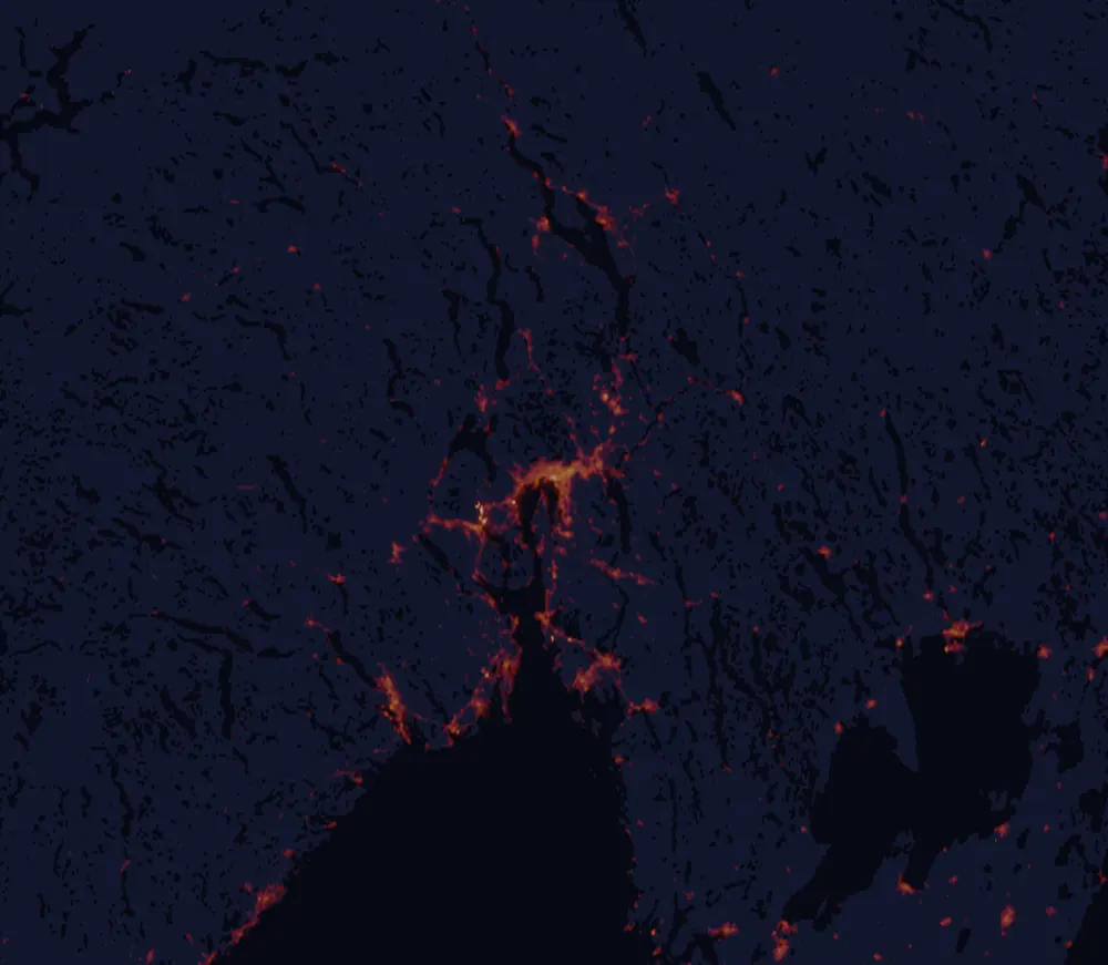 NASA satellite night-lights map of Akershus with every place marked