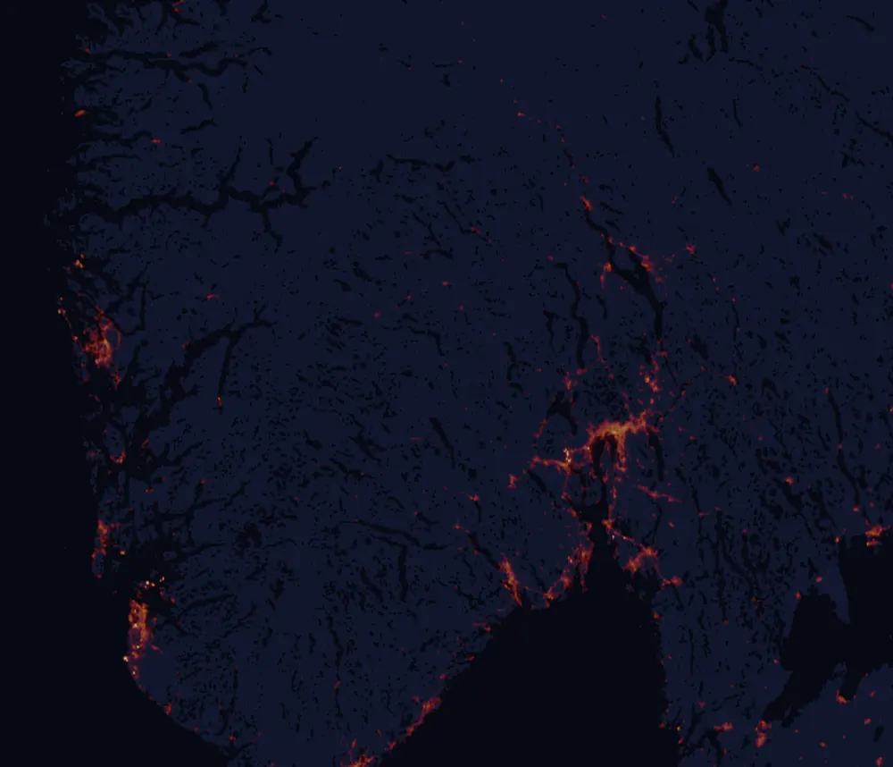 NASA satellite night-lights map of Buskerud with every place marked