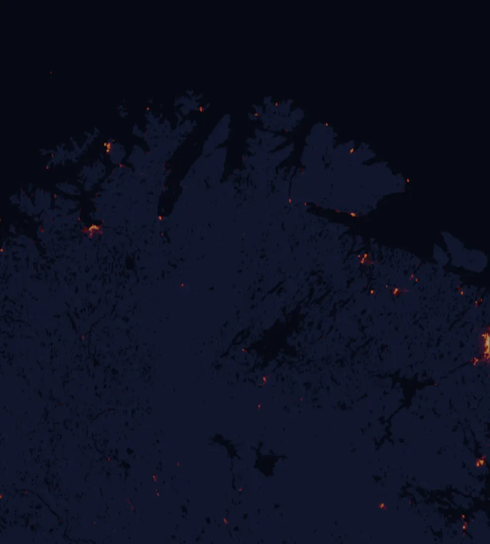NASA satellite night-lights map of Finnmark with every place marked