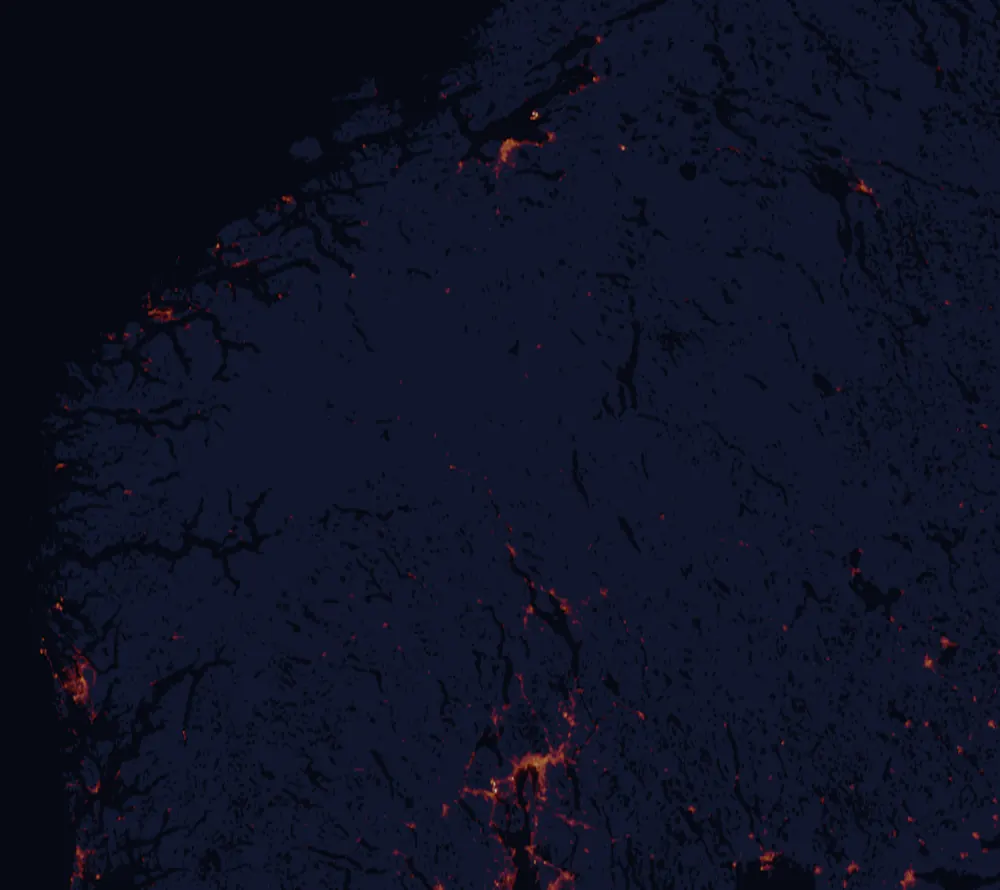 NASA satellite night-lights map of Innlandet with every place marked