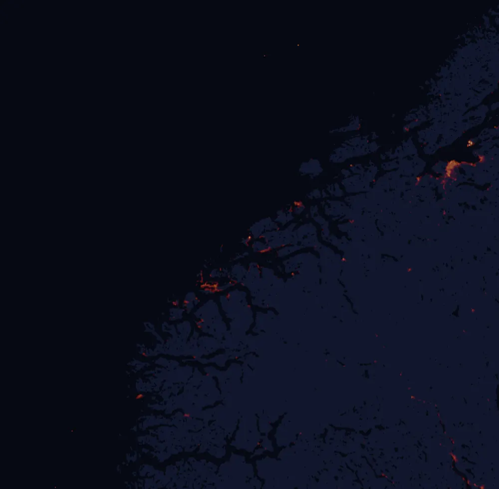 NASA satellite night-lights map of Møre og Romsdal with every place marked