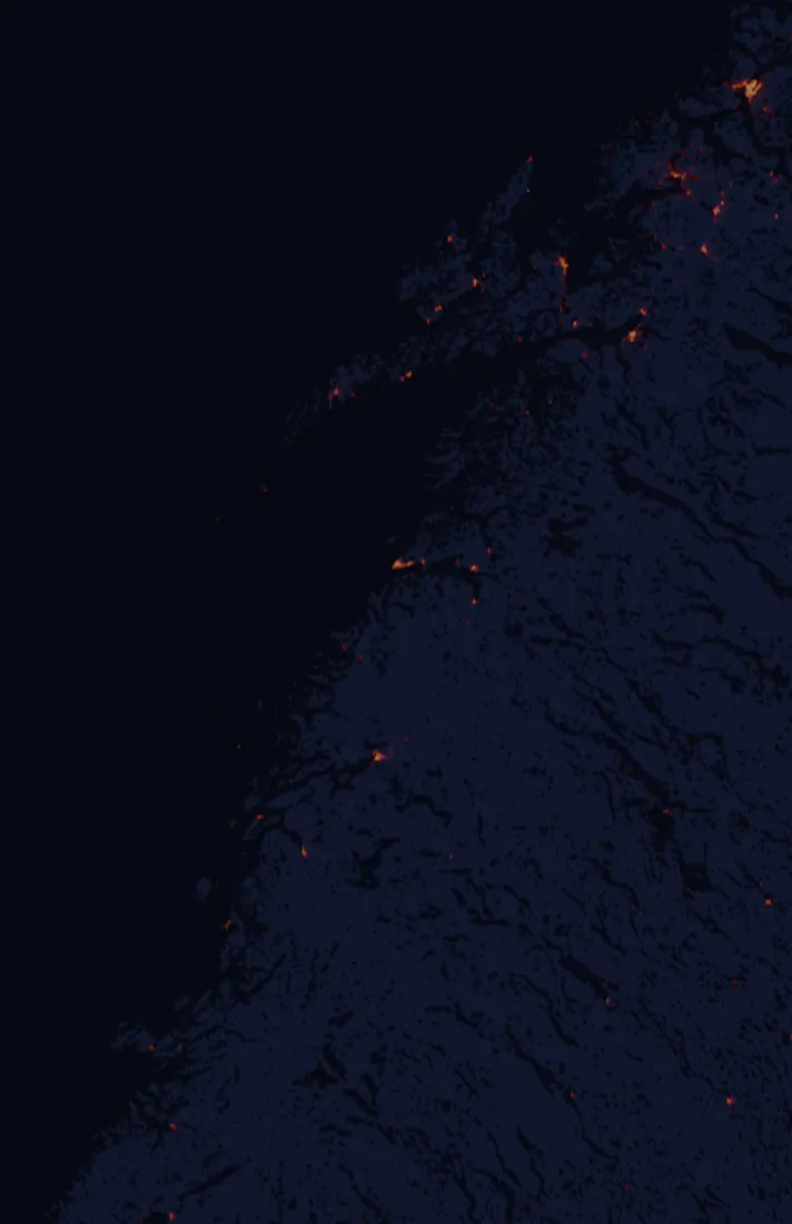 NASA satellite night-lights map of Nordland with every place marked