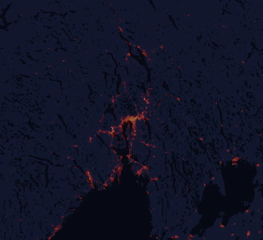 NASA satellite night-lights map of Oslo with every place marked