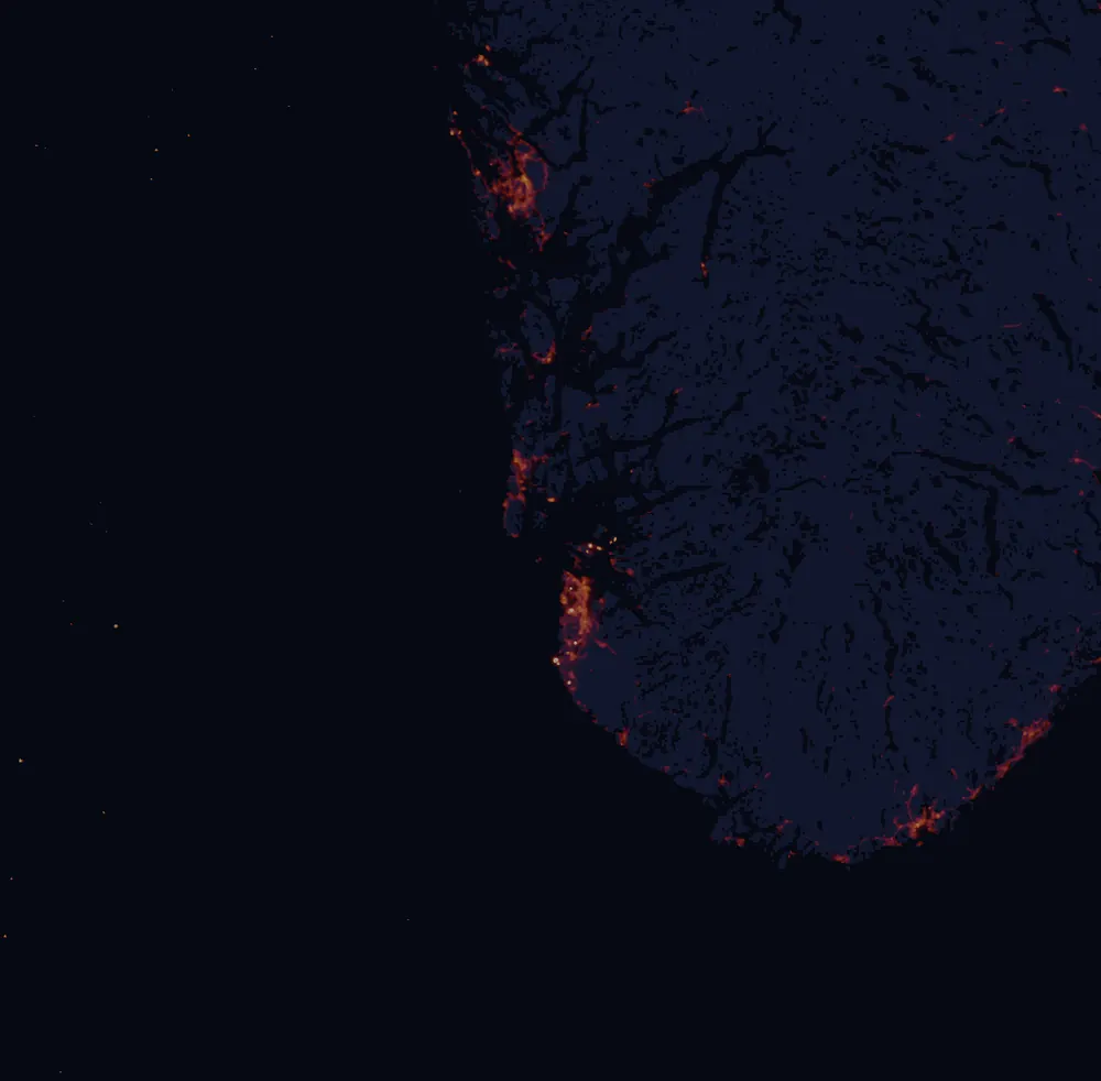 NASA satellite night-lights map of Rogaland with every place marked
