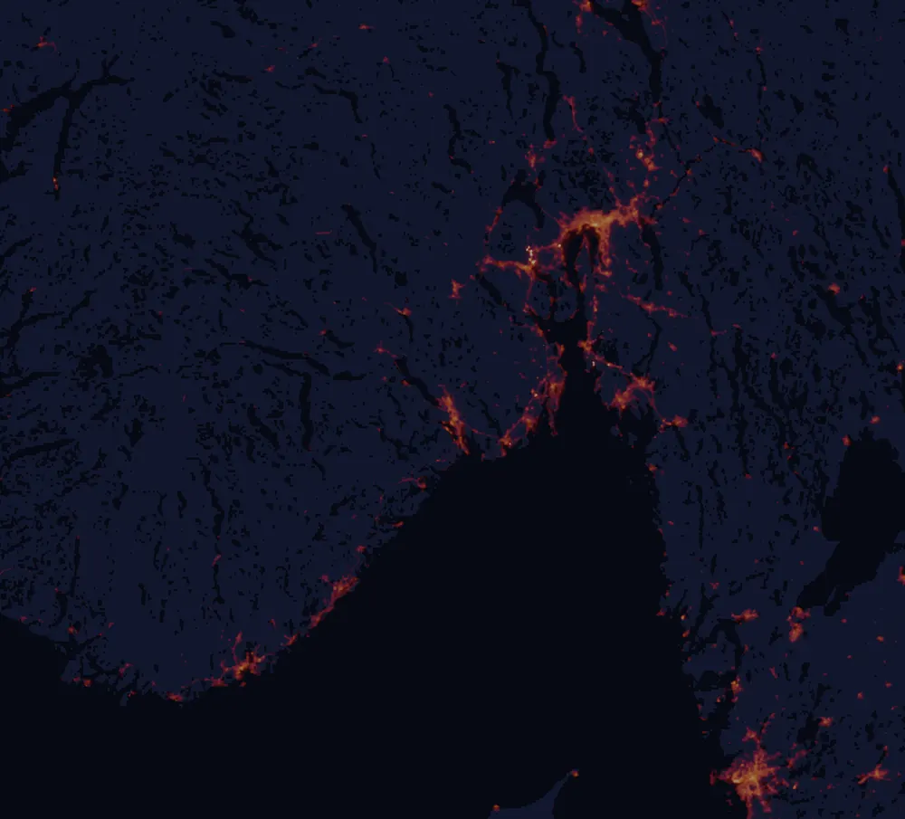 NASA satellite night-lights map of Telemark with every place marked