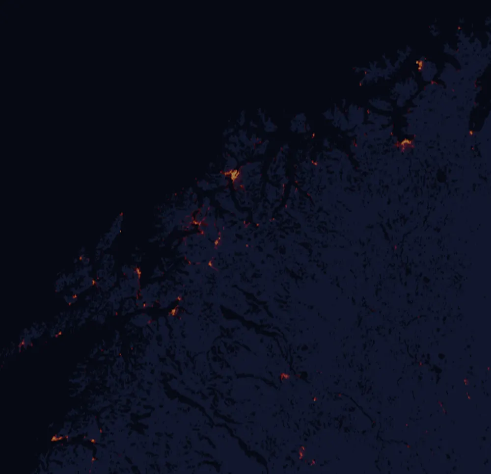 NASA satellite night-lights map of Troms with every place marked