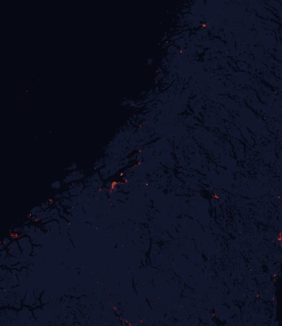 NASA satellite night-lights map of Trøndelag with every place marked