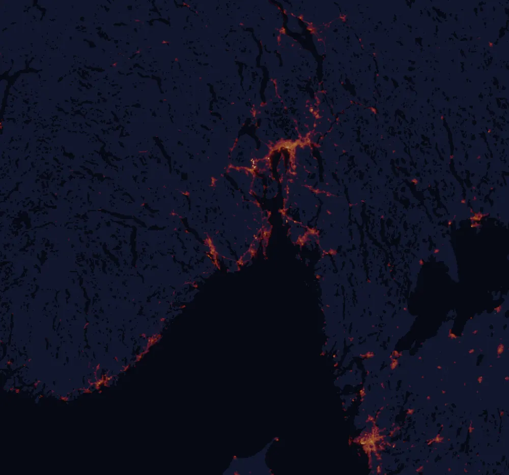 NASA satellite night-lights map of Vestfold with every place marked