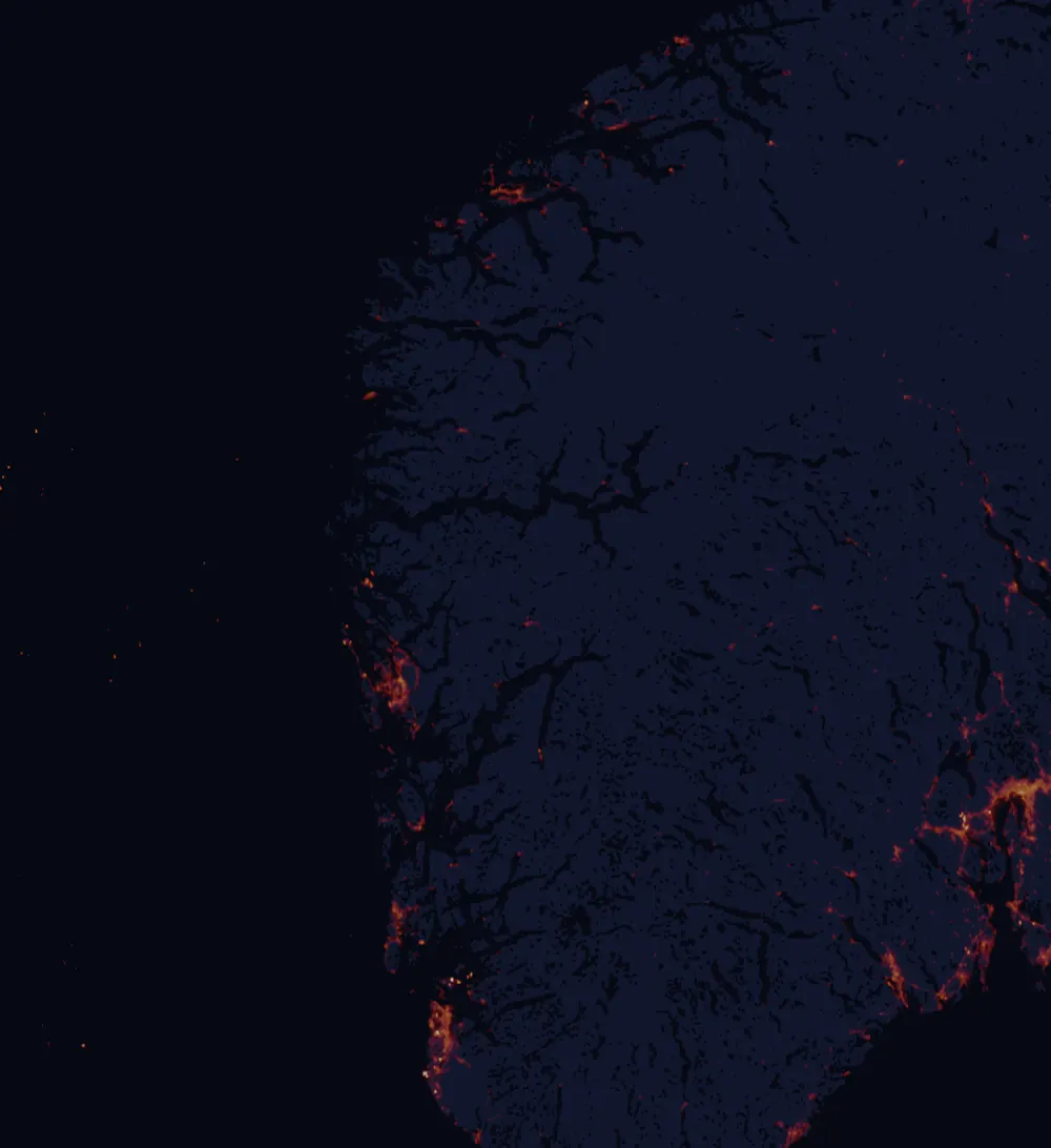 NASA satellite night-lights map of Vestland with every place marked