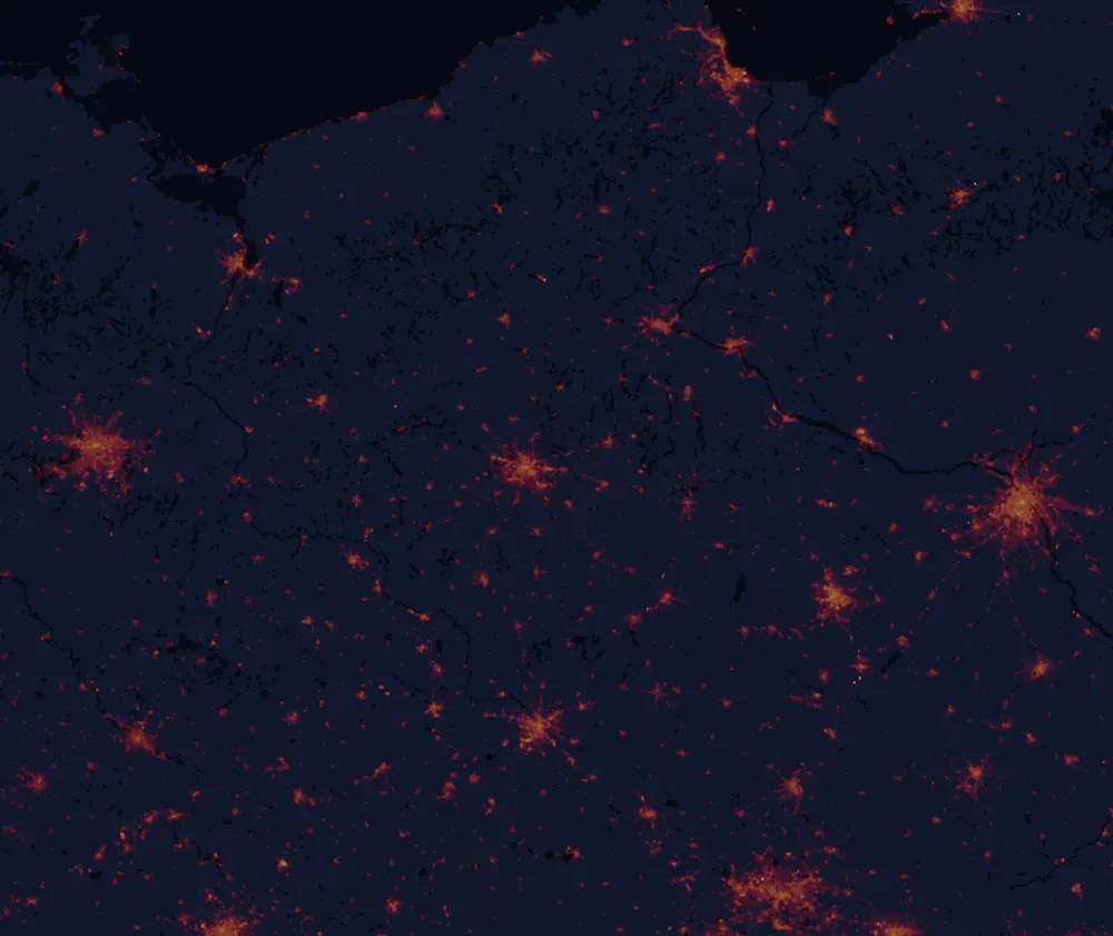 NASA satellite night-lights map of Greater Poland with every place marked