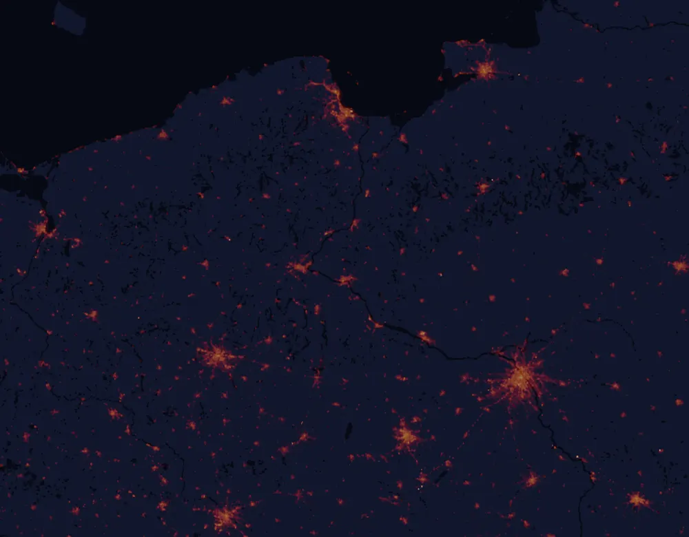 NASA satellite night-lights map of Kuyavia-Pomerania with every place marked
