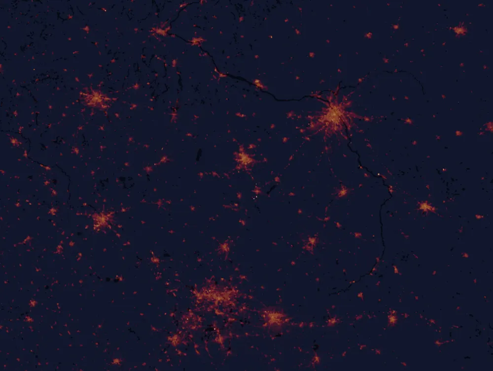 NASA satellite night-lights map of Łódź with every place marked