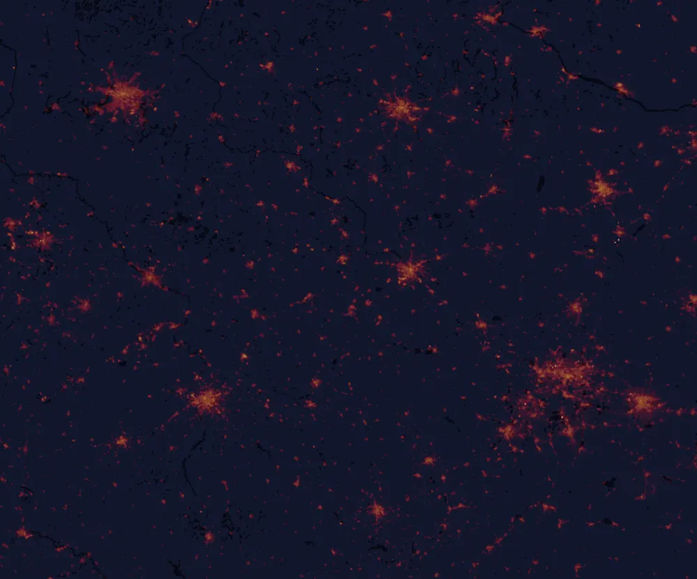 NASA satellite night-lights map of Lower Silesia with every place marked