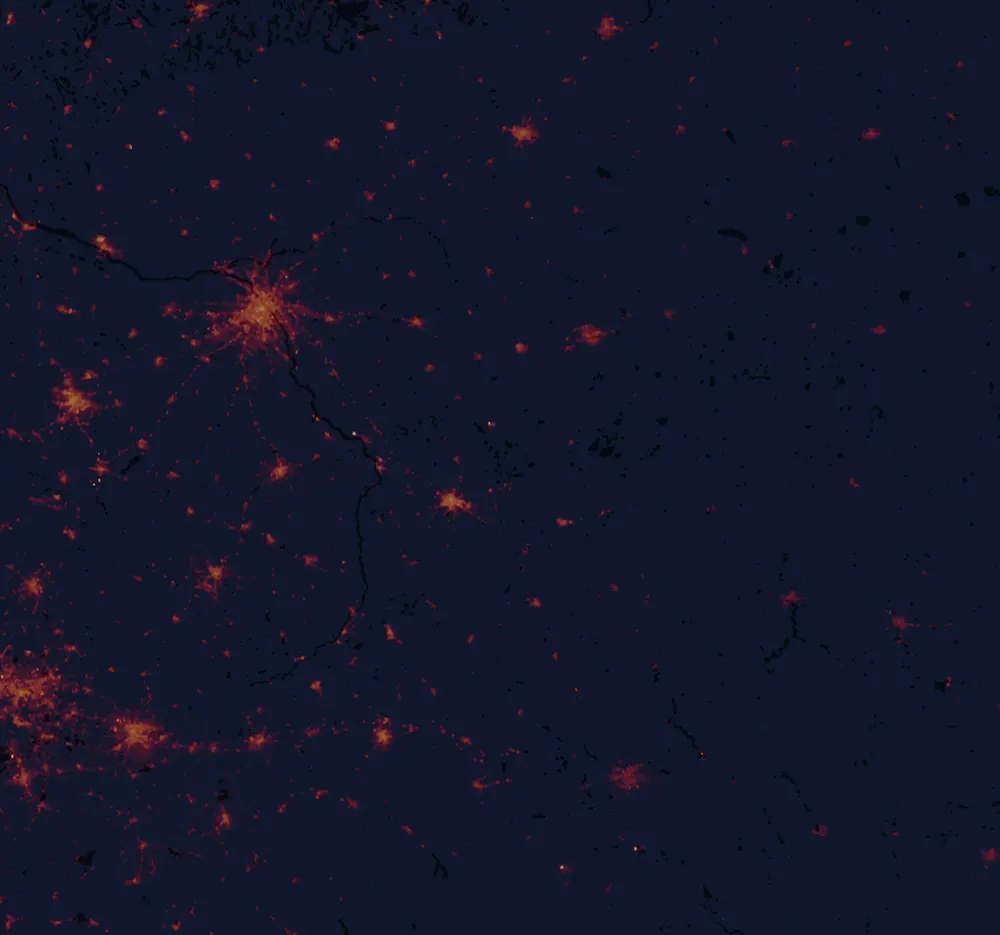 NASA satellite night-lights map of Lublin with every place marked