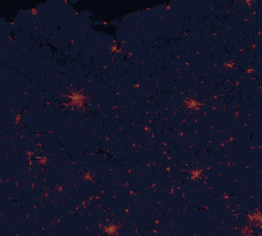NASA satellite night-lights map of Lubusz with every place marked