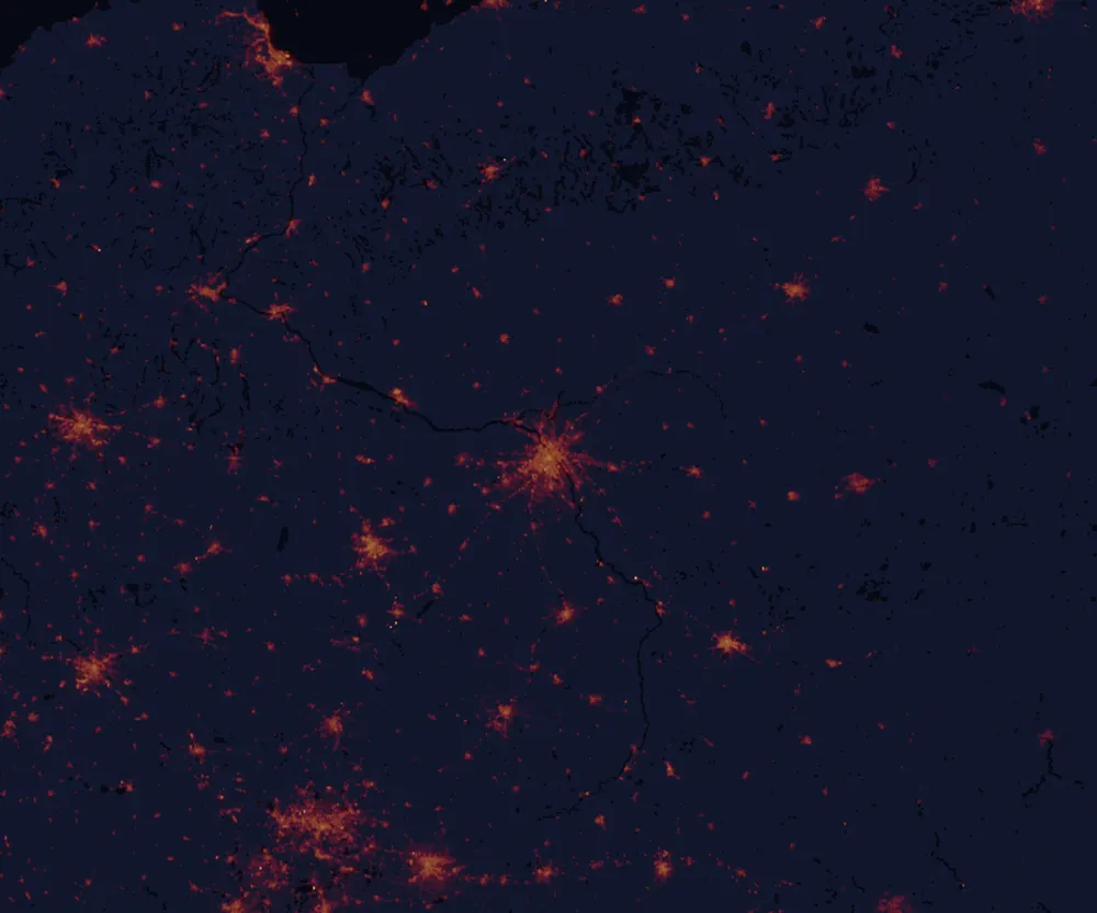 NASA satellite night-lights map of Mazovia with every place marked