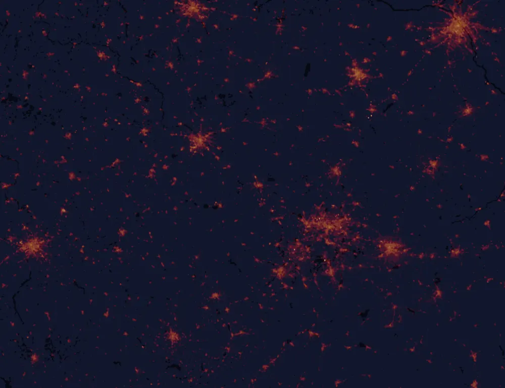 NASA satellite night-lights map of Opole with every place marked