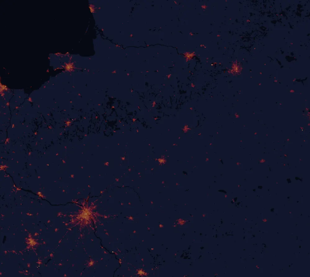 NASA satellite night-lights map of Podlaskie with every place marked