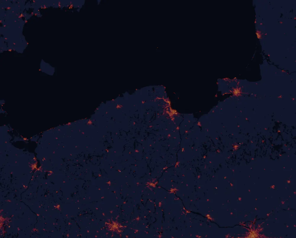 NASA satellite night-lights map of Pomerania with every place marked
