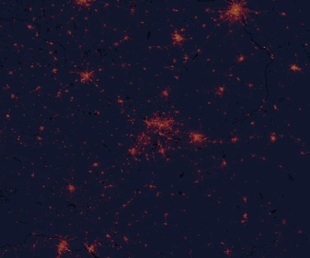 NASA satellite night-lights map of Silesia with every place marked