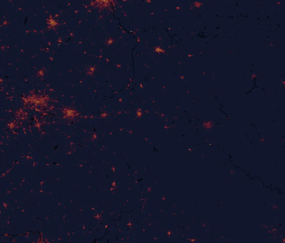 NASA satellite night-lights map of Subcarpathia with every place marked