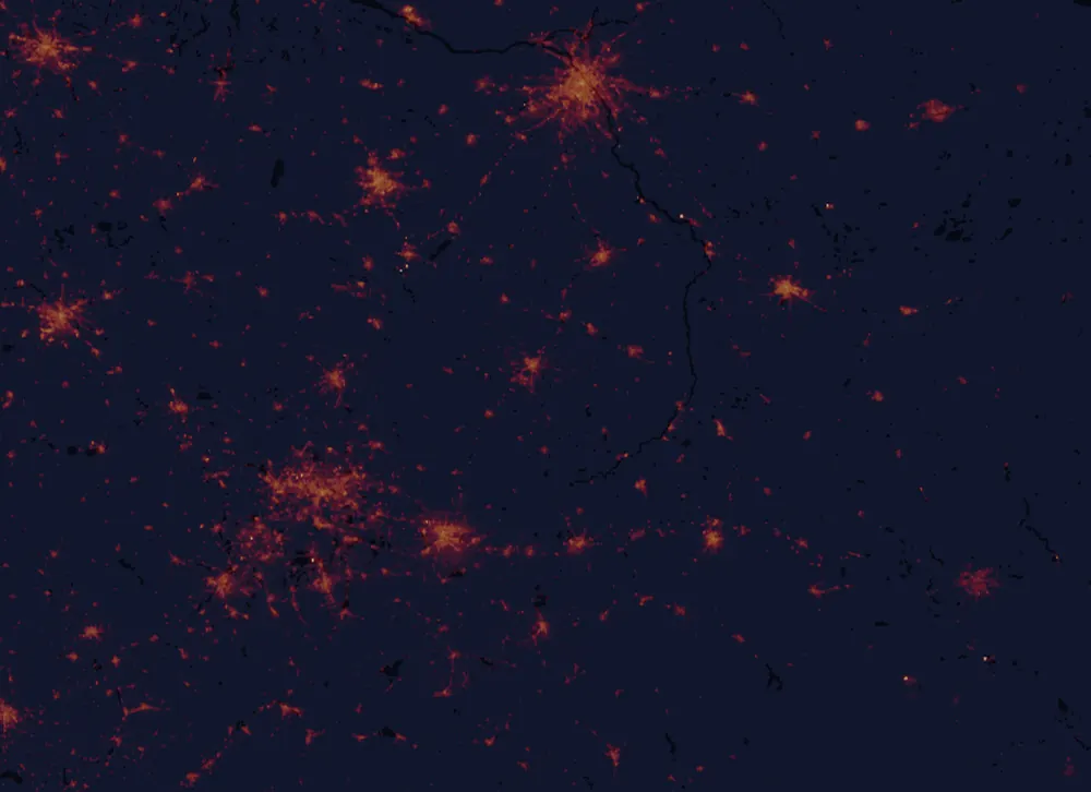 NASA satellite night-lights map of Świętokrzyskie with every place marked