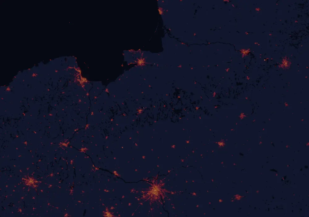 NASA satellite night-lights map of Warmia-Masuria with every place marked
