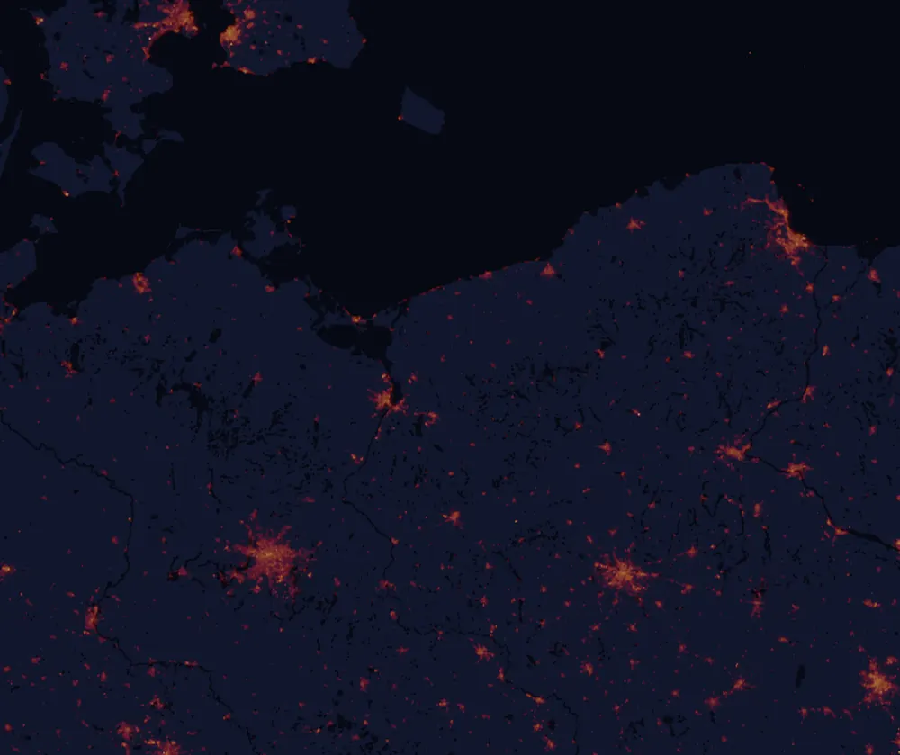 NASA satellite night-lights map of West Pomerania with every place marked