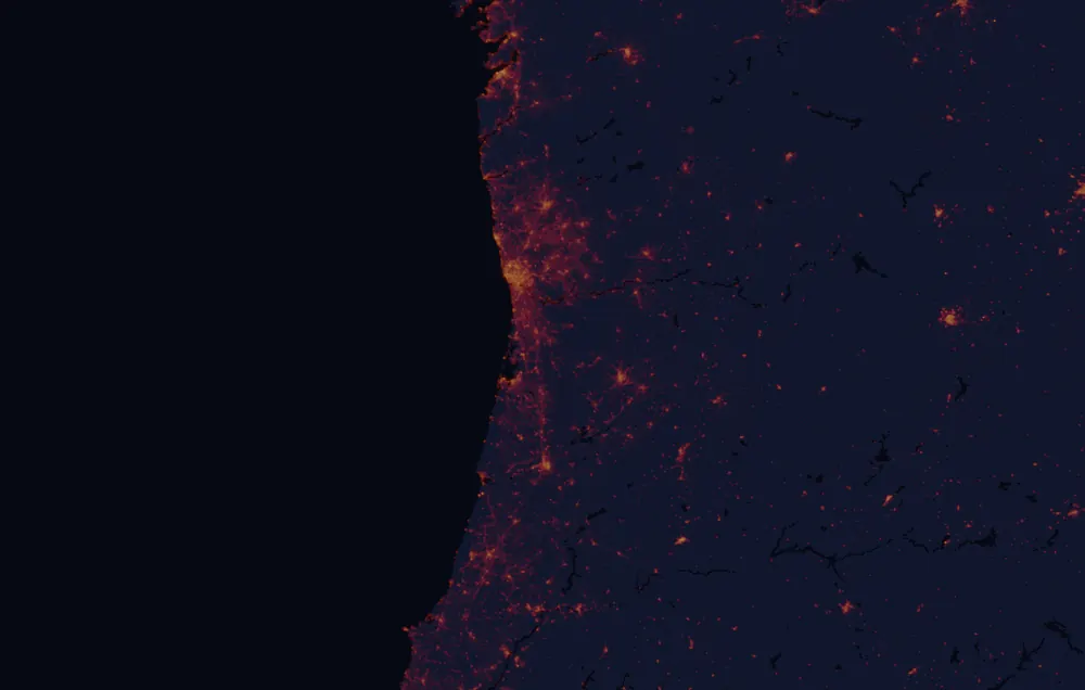 NASA satellite night-lights map of Aveiro with every place marked