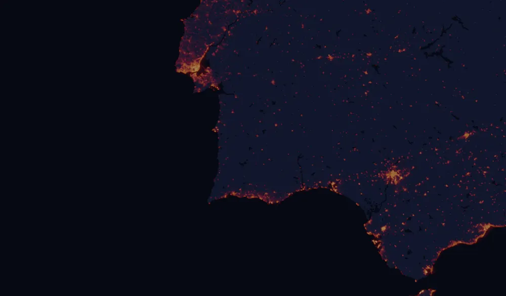 NASA satellite night-lights map of Beja with every place marked