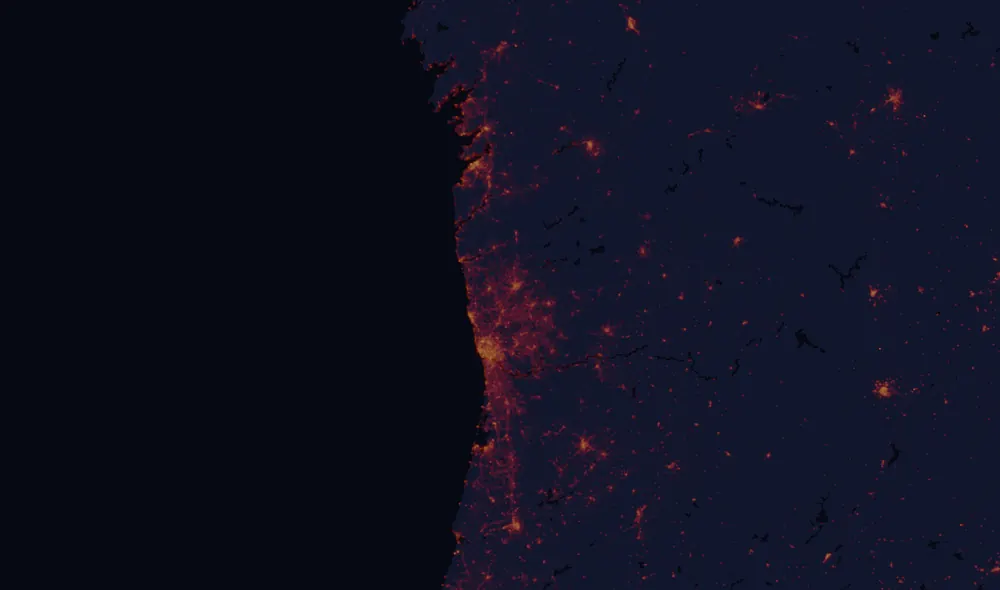 NASA satellite night-lights map of Braga with every place marked