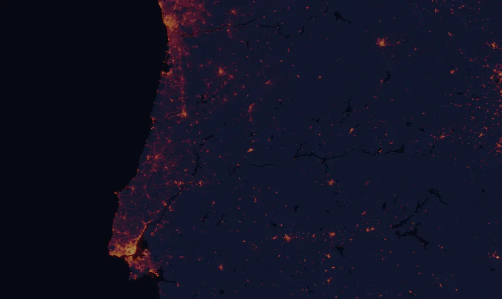NASA satellite night-lights map of Castelo Branco with every place marked