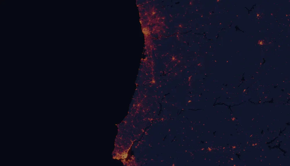 NASA satellite night-lights map of Coimbra with every place marked
