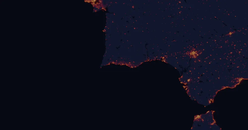 NASA satellite night-lights map of Faro with every place marked