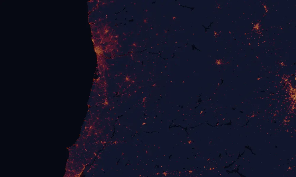 NASA satellite night-lights map of Guarda with every place marked