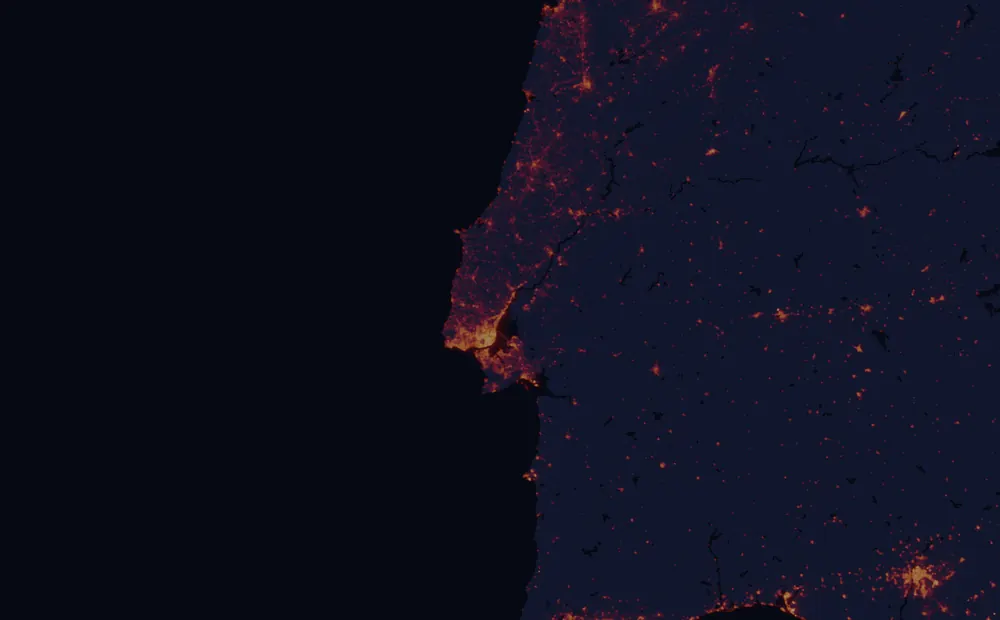 NASA satellite night-lights map of Lisbon with every place marked