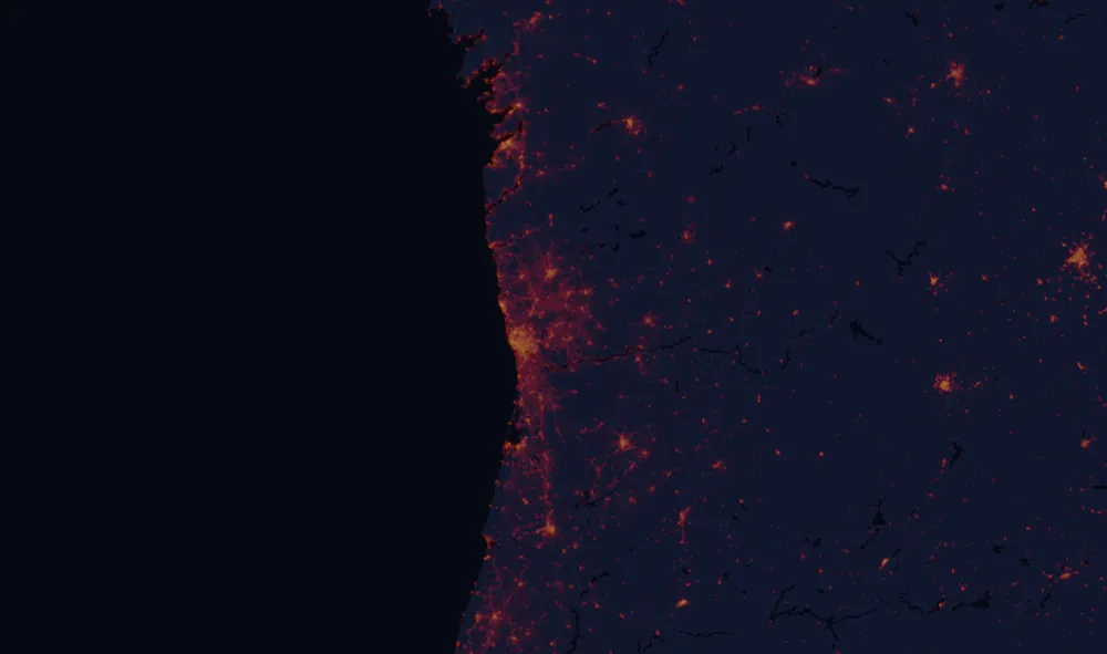 NASA satellite night-lights map of Porto with every place marked