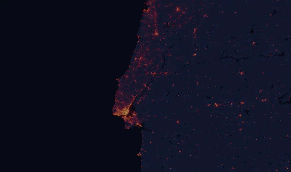 NASA satellite night-lights map of Santarém with every place marked
