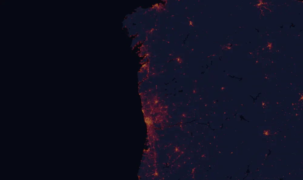NASA satellite night-lights map of Viana do Castelo with every place marked