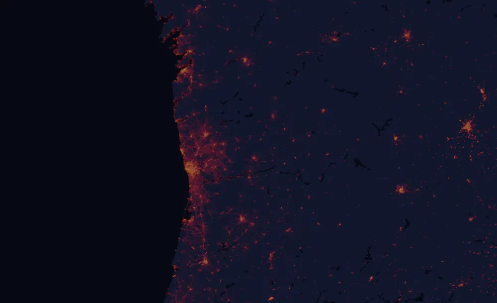 NASA satellite night-lights map of Vila Real with every place marked